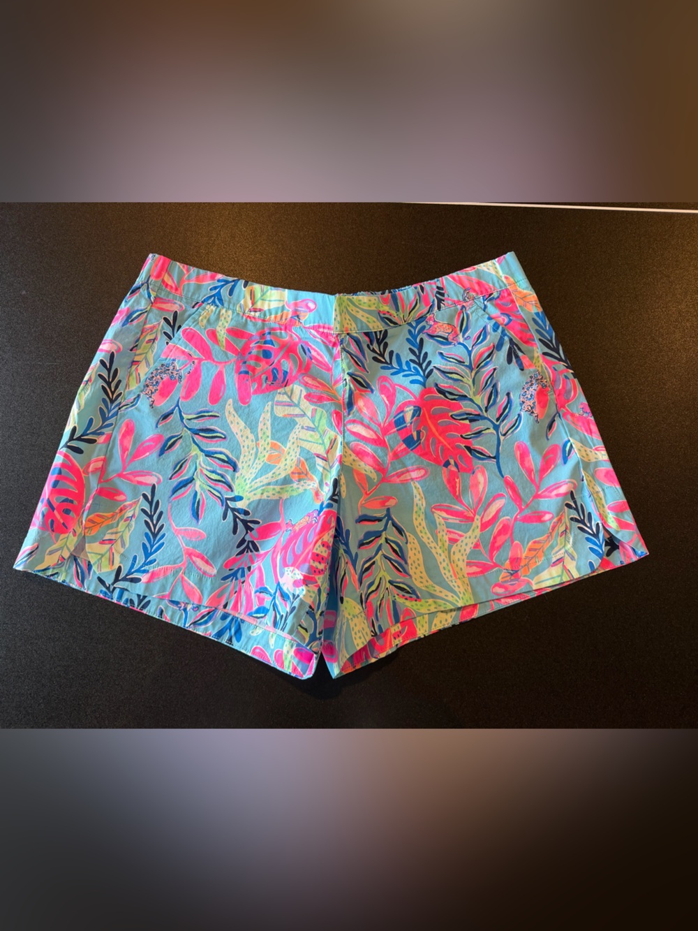 Lilly Pulitzer Aqua Shorts with Pink & Navy Tropical Print